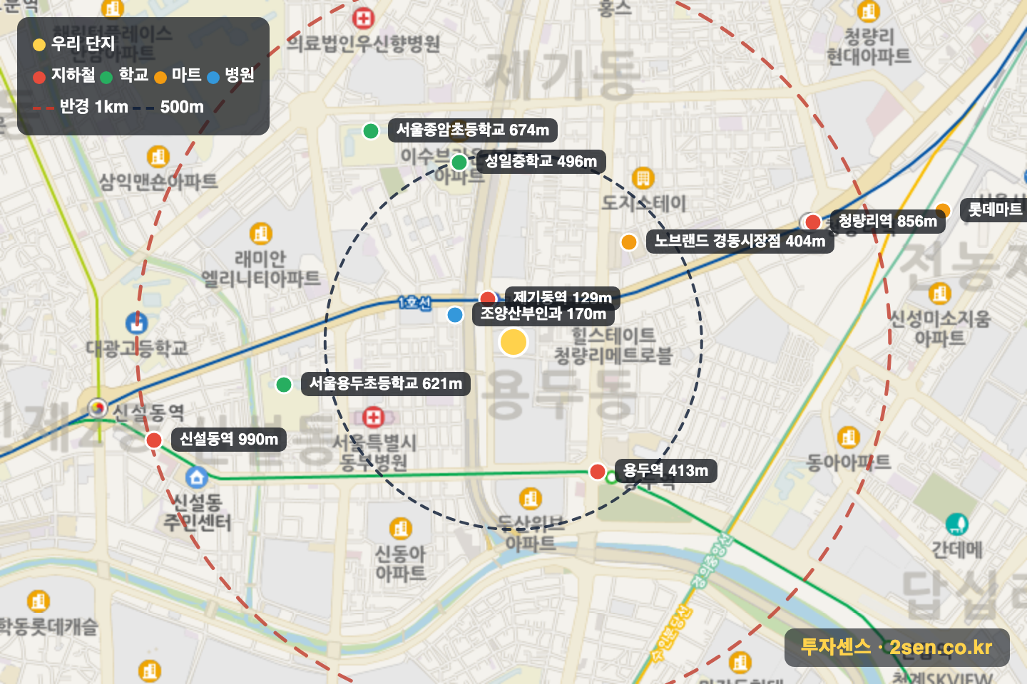 롯데캐슬피렌체 반경 1km 입지 지도(지하철·학교·마트)