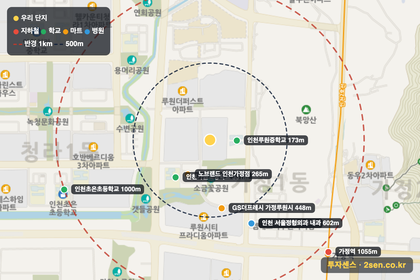 루원제일풍경채 반경 1km 입지 지도(지하철·학교·마트)
