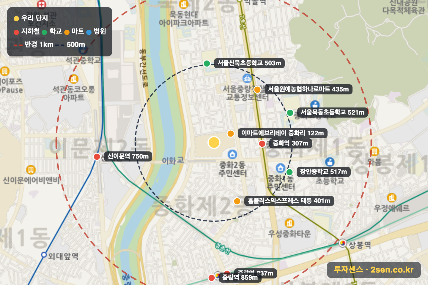리버센SKVIEW롯데캐슬 반경 1km 입지 지도(지하철·학교·마트)