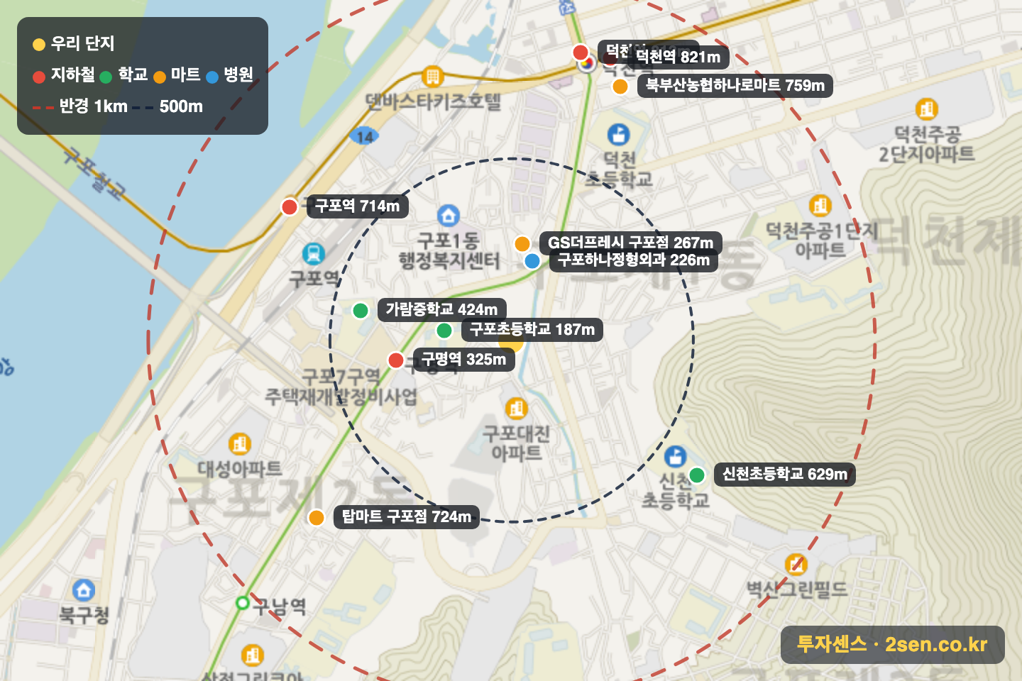 리버파크반도유보라 반경 1km 입지 지도(지하철·학교·마트)