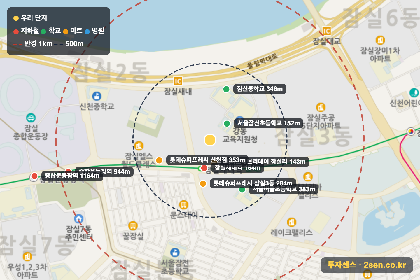 리센츠 반경 1km 입지 지도(지하철·학교·마트)