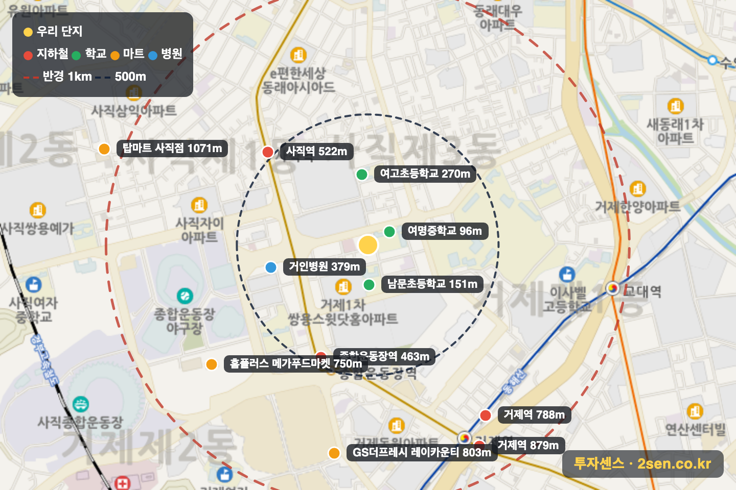 리치빌 반경 1km 입지 지도(지하철·학교·마트)