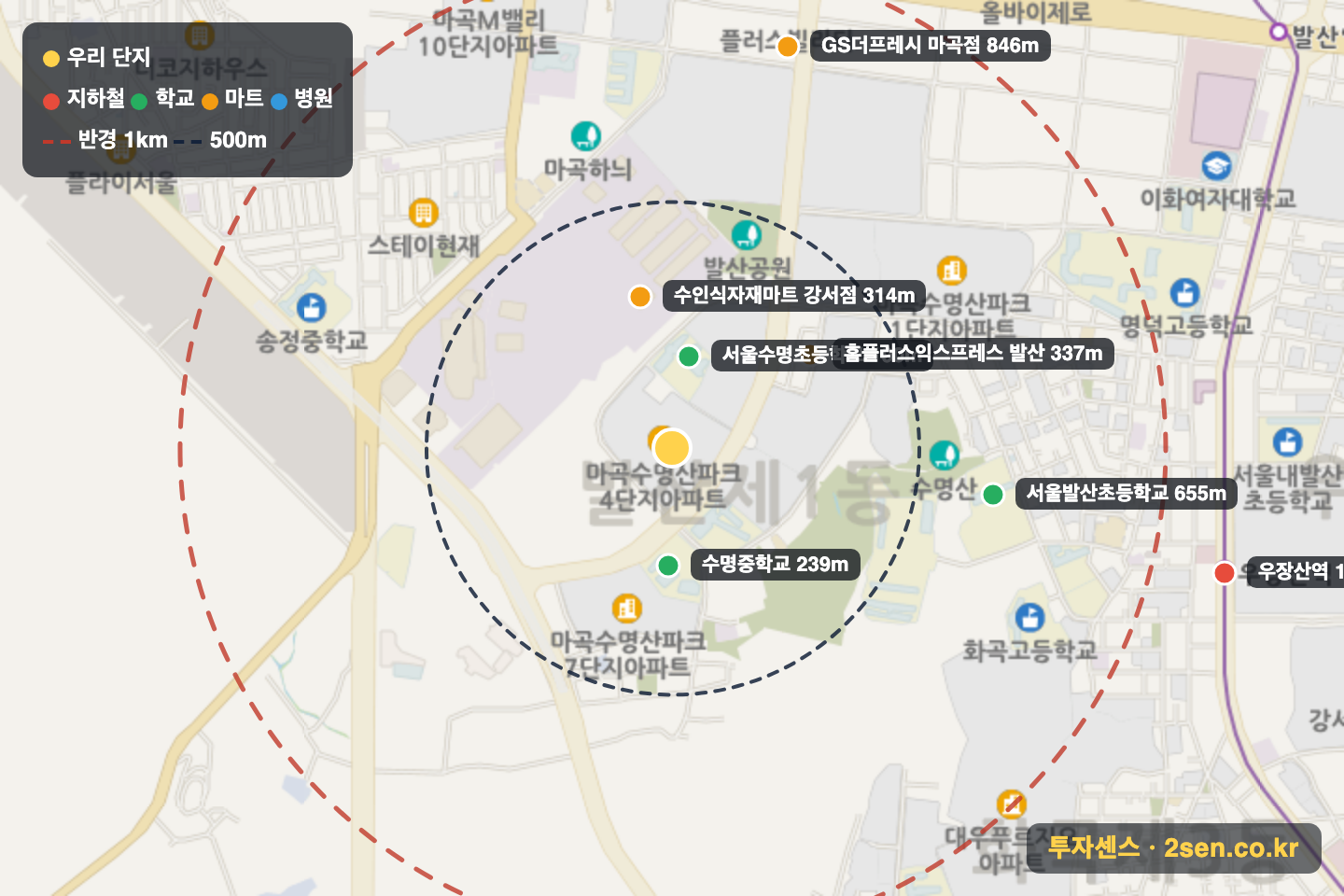 마곡수명산파크4단지 반경 1km 입지 지도(지하철·학교·마트)