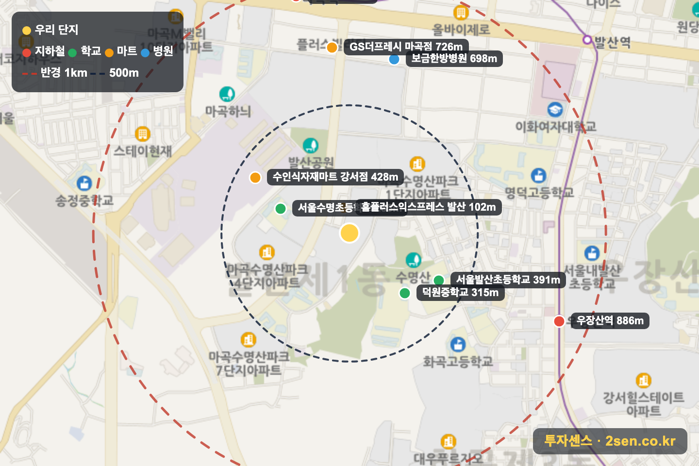마곡수명산파크5단지 반경 1km 입지 지도(지하철·학교·마트)