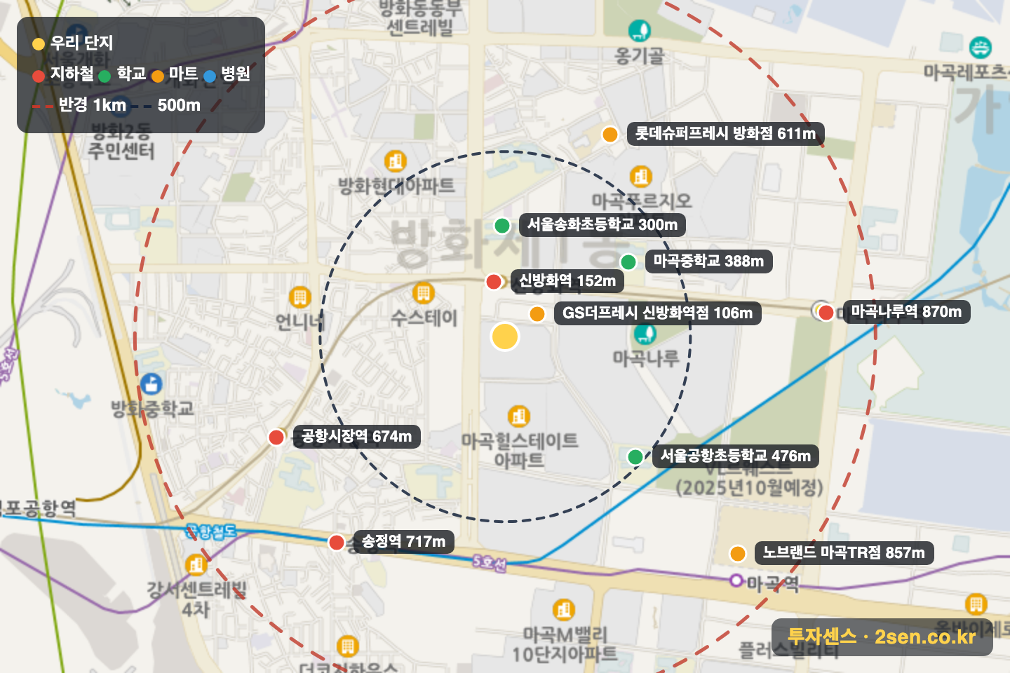마곡엠밸리5단지 반경 1km 입지 지도(지하철·학교·마트)