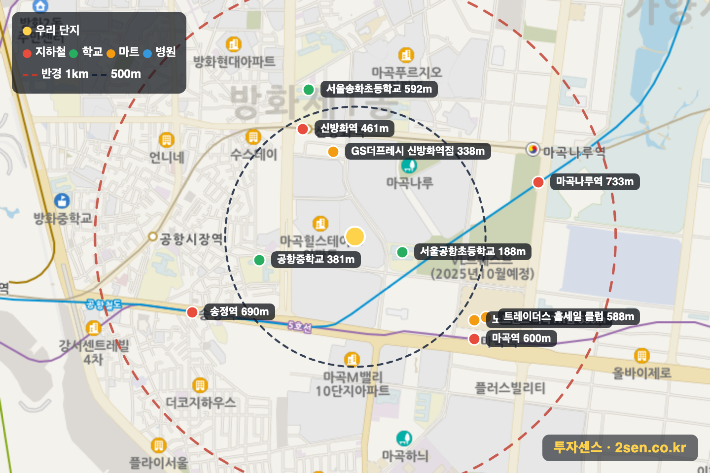 마곡엠밸리8단지 반경 1km 입지 지도(지하철·학교·마트)