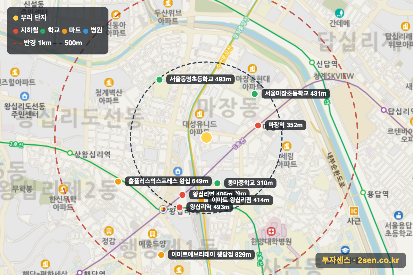 마장동중앙하이츠 반경 1km 입지 지도(지하철·학교·마트)