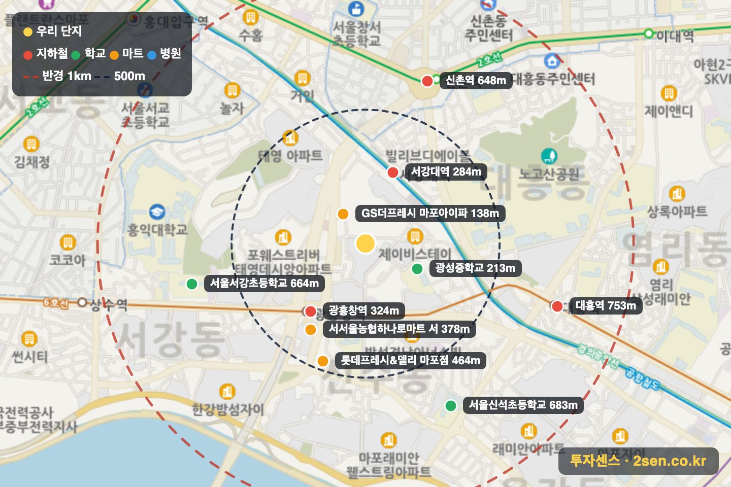 마포경남아너스빌 반경 1km 입지 지도(지하철·학교·마트)