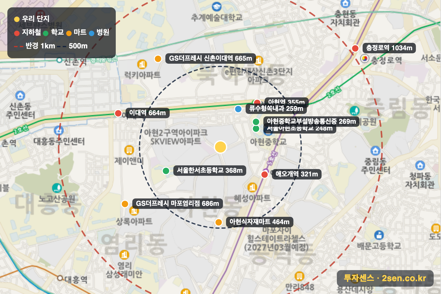 마포래미안푸르지오1단지 반경 1km 입지 지도(지하철·학교·마트)