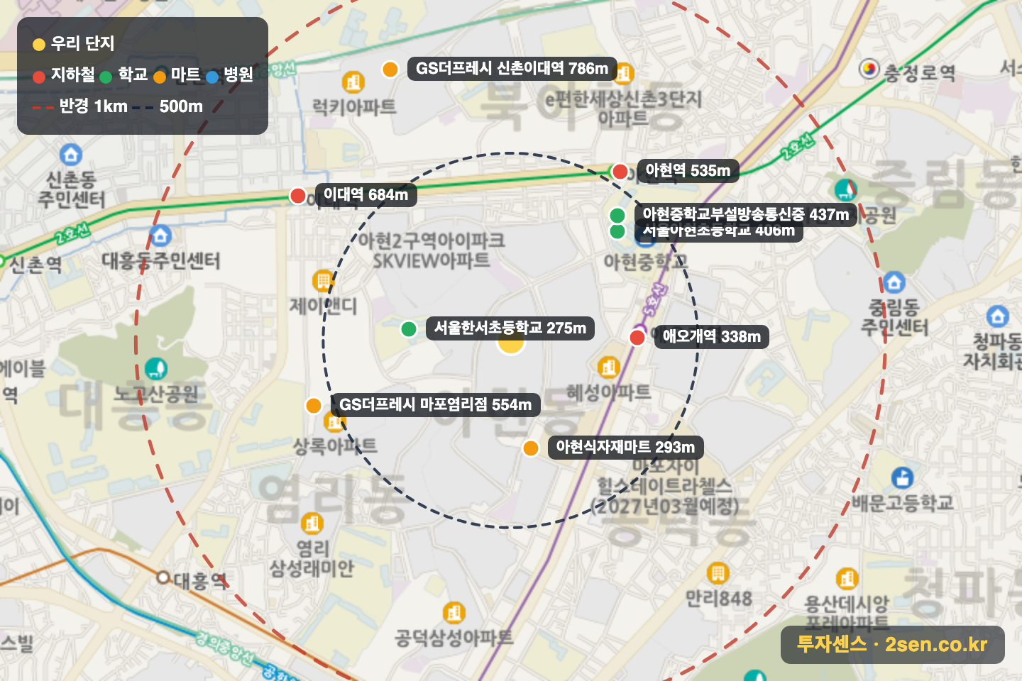 마포래미안푸르지오4단지 반경 1km 입지 지도(지하철·학교·마트)