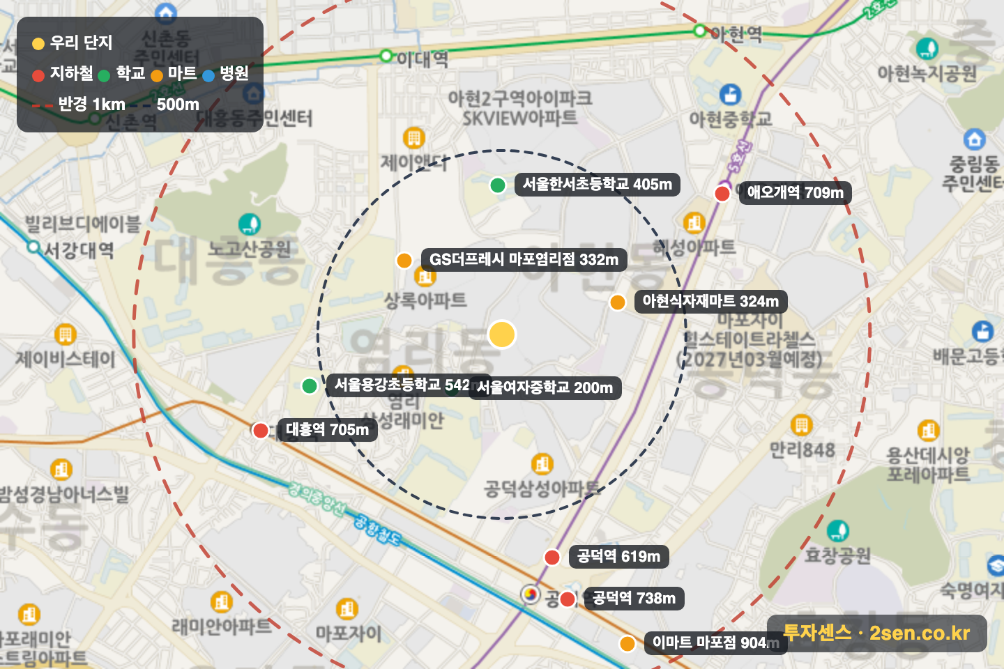 마포현대 반경 1km 입지 지도(지하철·학교·마트)
