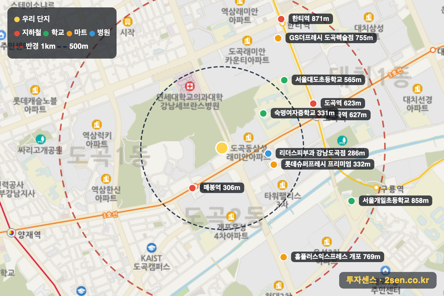 매봉삼성 반경 1km 입지 지도(지하철·학교·마트)