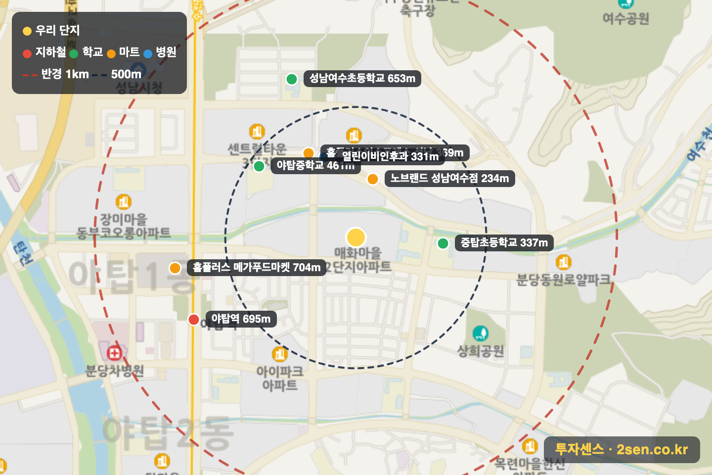 매화마을공무원2 반경 1km 입지 지도(지하철·학교·마트)