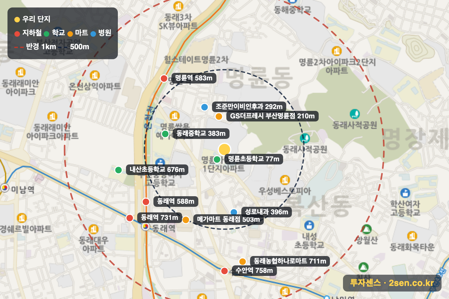 명륜아이파크1단지 반경 1km 입지 지도(지하철·학교·마트)