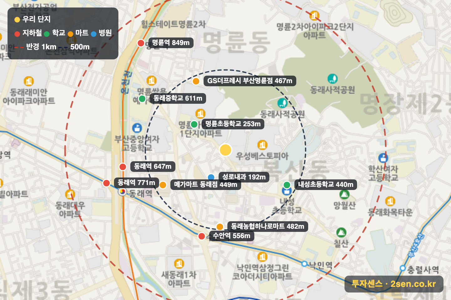 명륜아이파크2단지 반경 1km 입지 지도(지하철·학교·마트)
