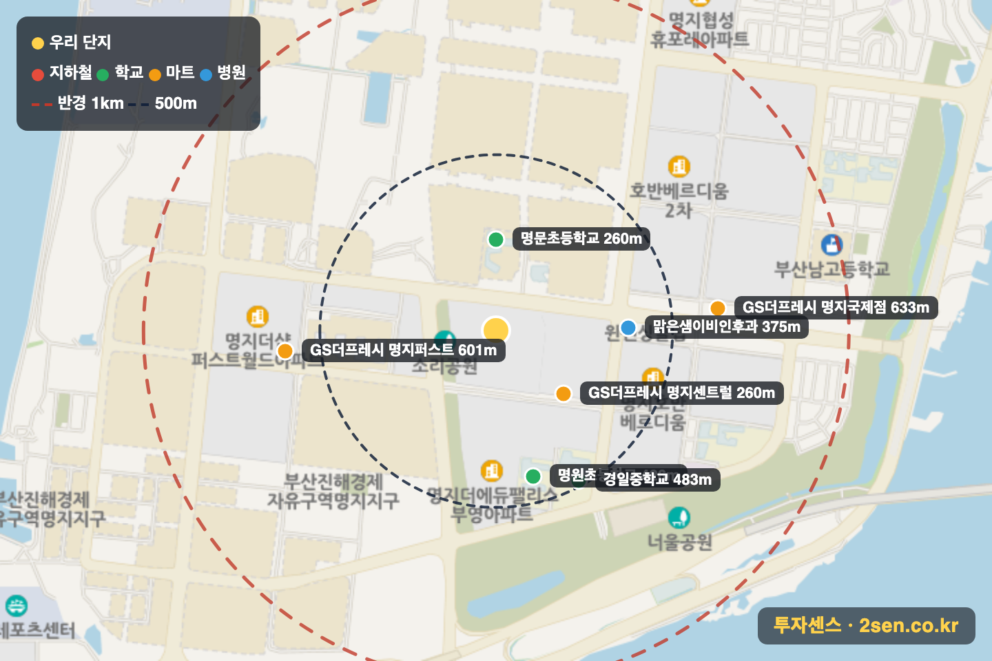 명지더웨스턴 반경 1km 입지 지도(지하철·학교·마트)