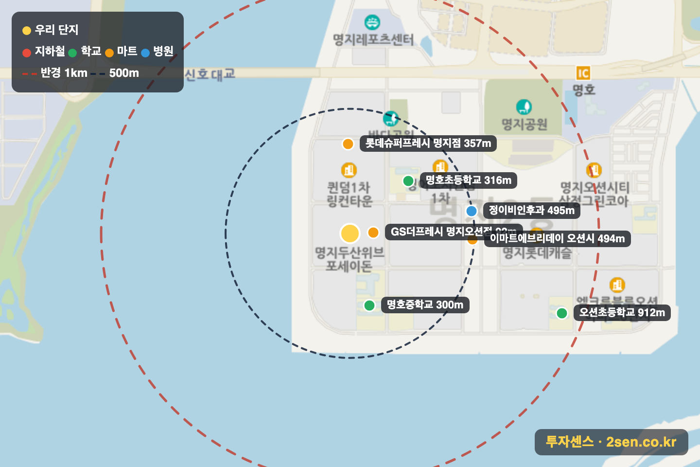 명지두산위브포세이돈 반경 1km 입지 지도(지하철·학교·마트)