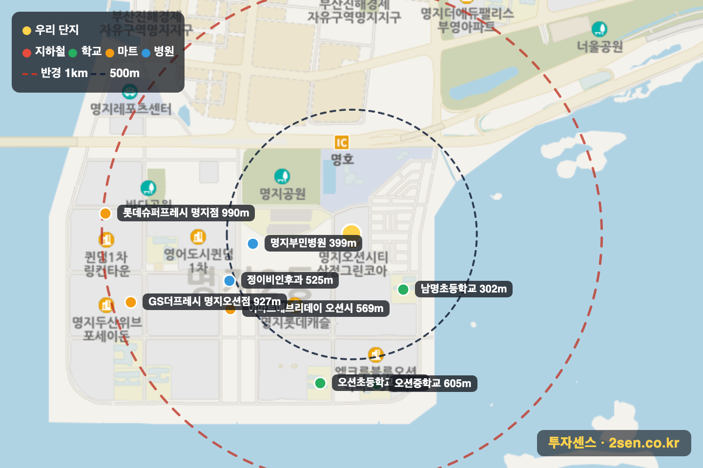 명지오션시티삼정그린코아 반경 1km 입지 지도(지하철·학교·마트)