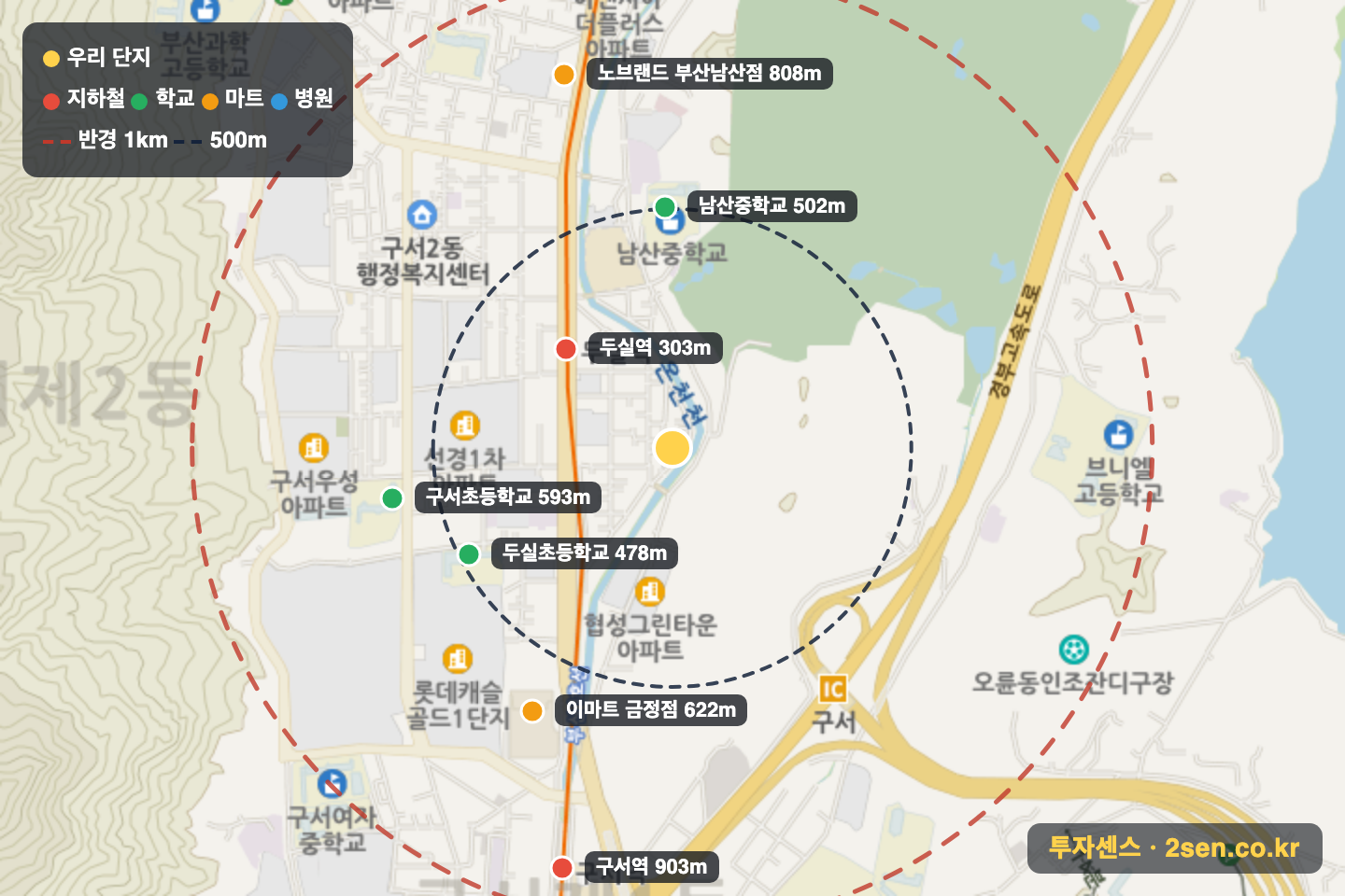 명진 반경 1km 입지 지도(지하철·학교·마트)