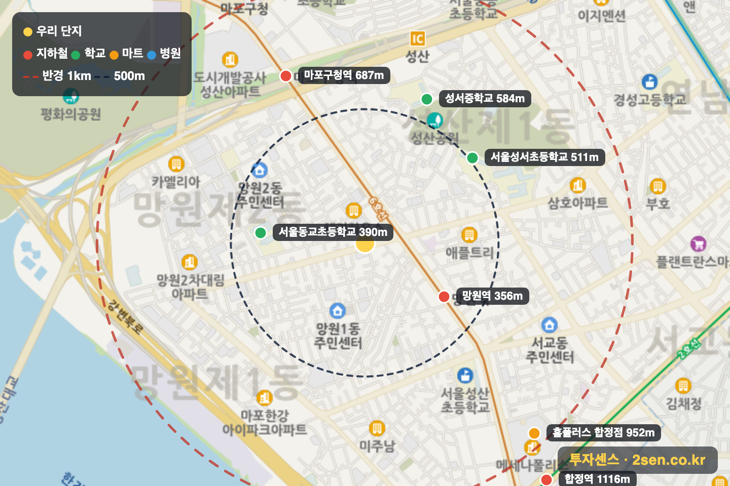 목화 반경 1km 입지 지도(지하철·학교·마트)