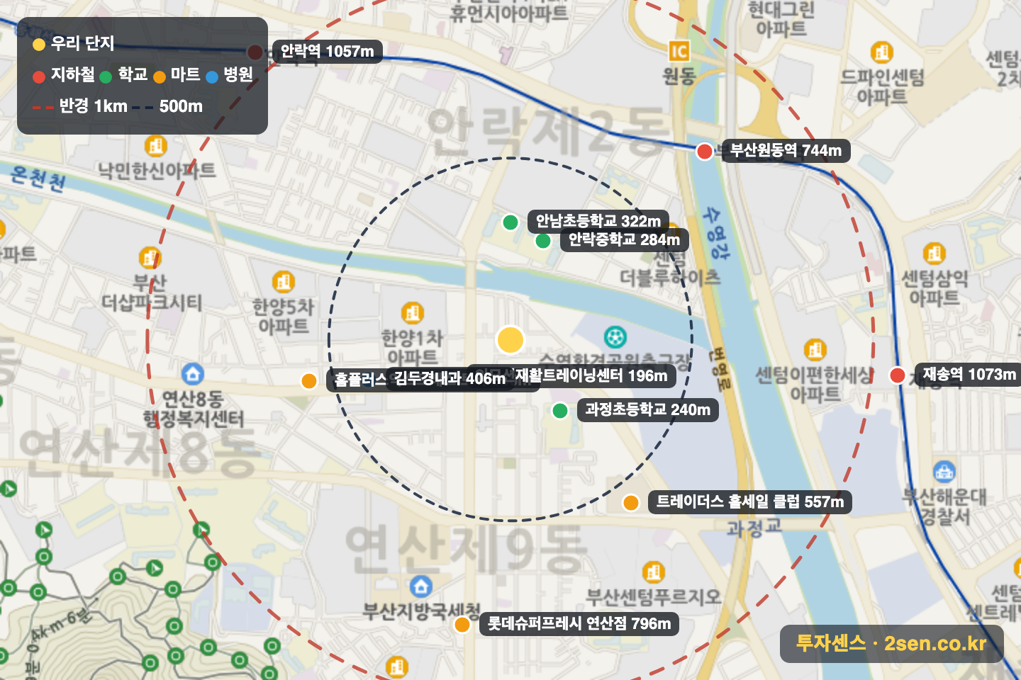 무궁화 반경 1km 입지 지도(지하철·학교·마트)