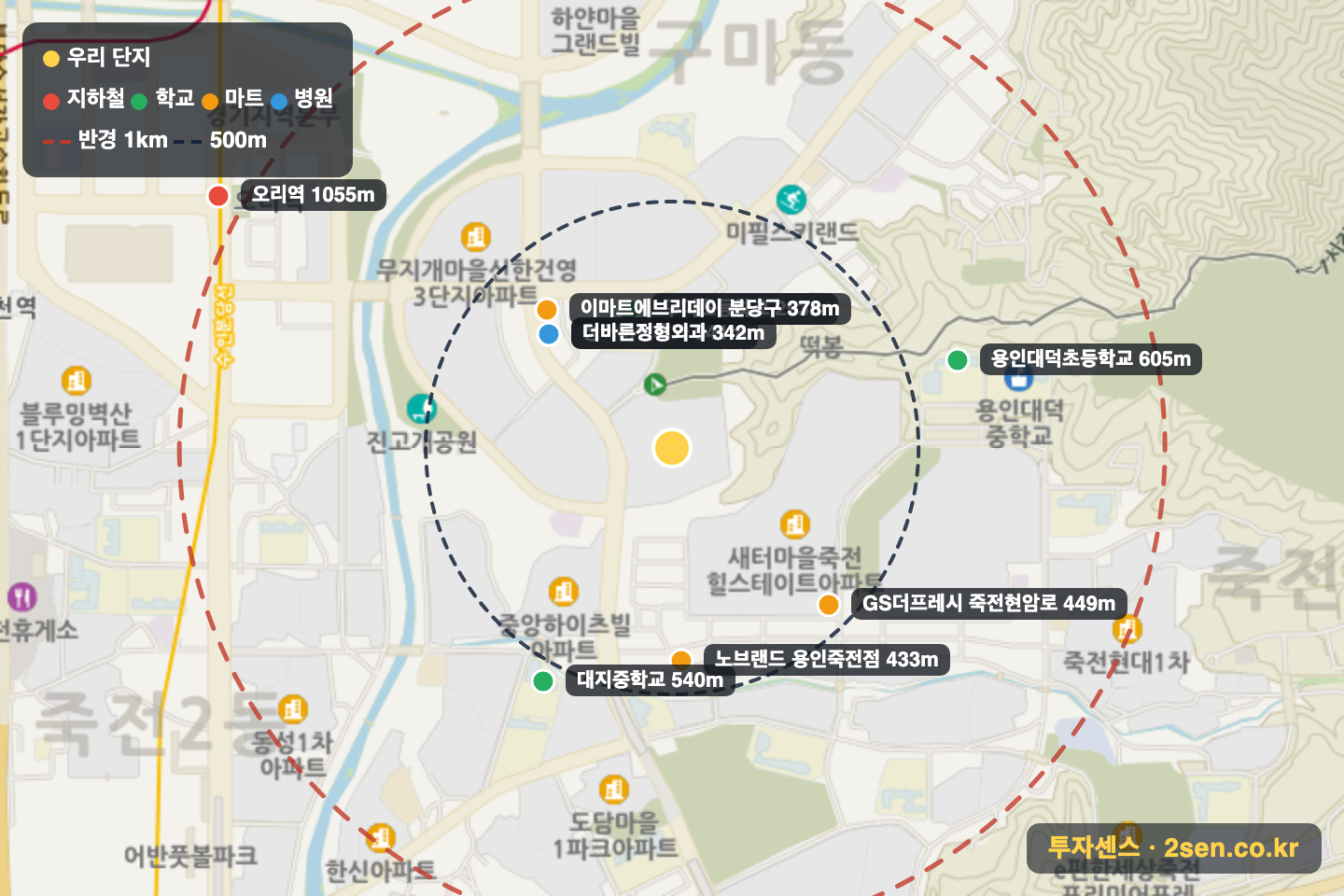 무지개(12단지)(주공) 반경 1km 입지 지도(지하철·학교·마트)