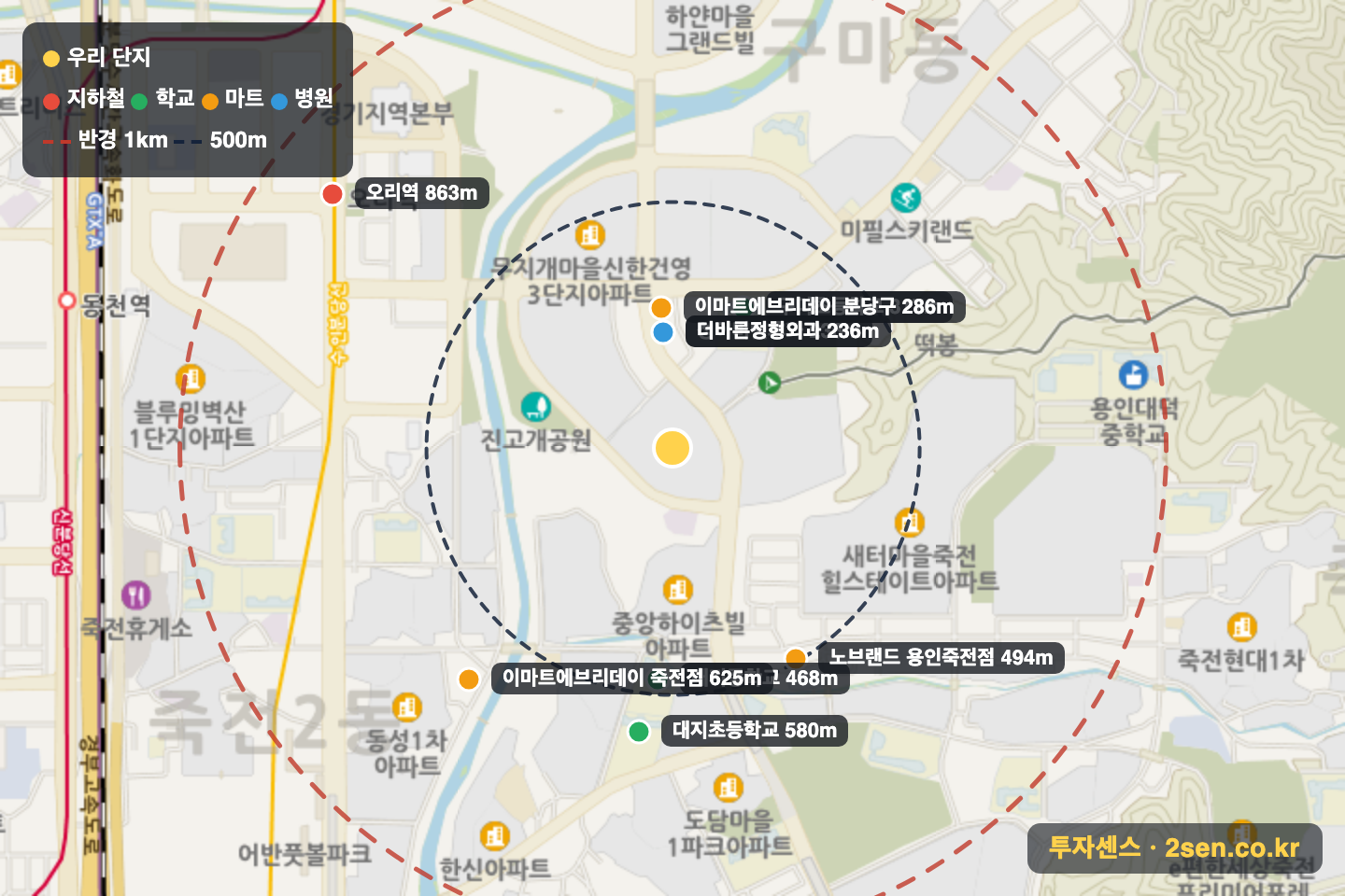 무지개(1단지)(대림) 반경 1km 입지 지도(지하철·학교·마트)