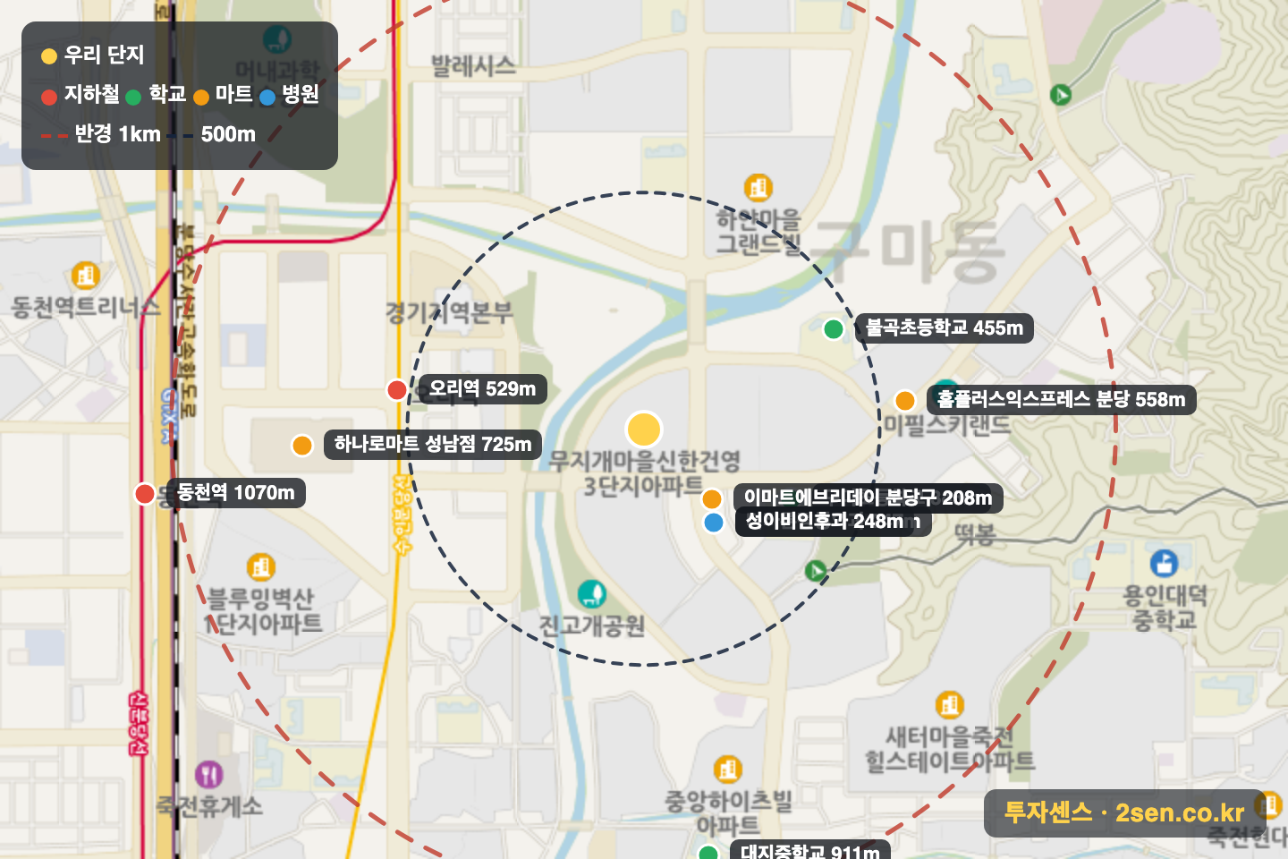 무지개(3단지)(신한) 반경 1km 입지 지도(지하철·학교·마트)