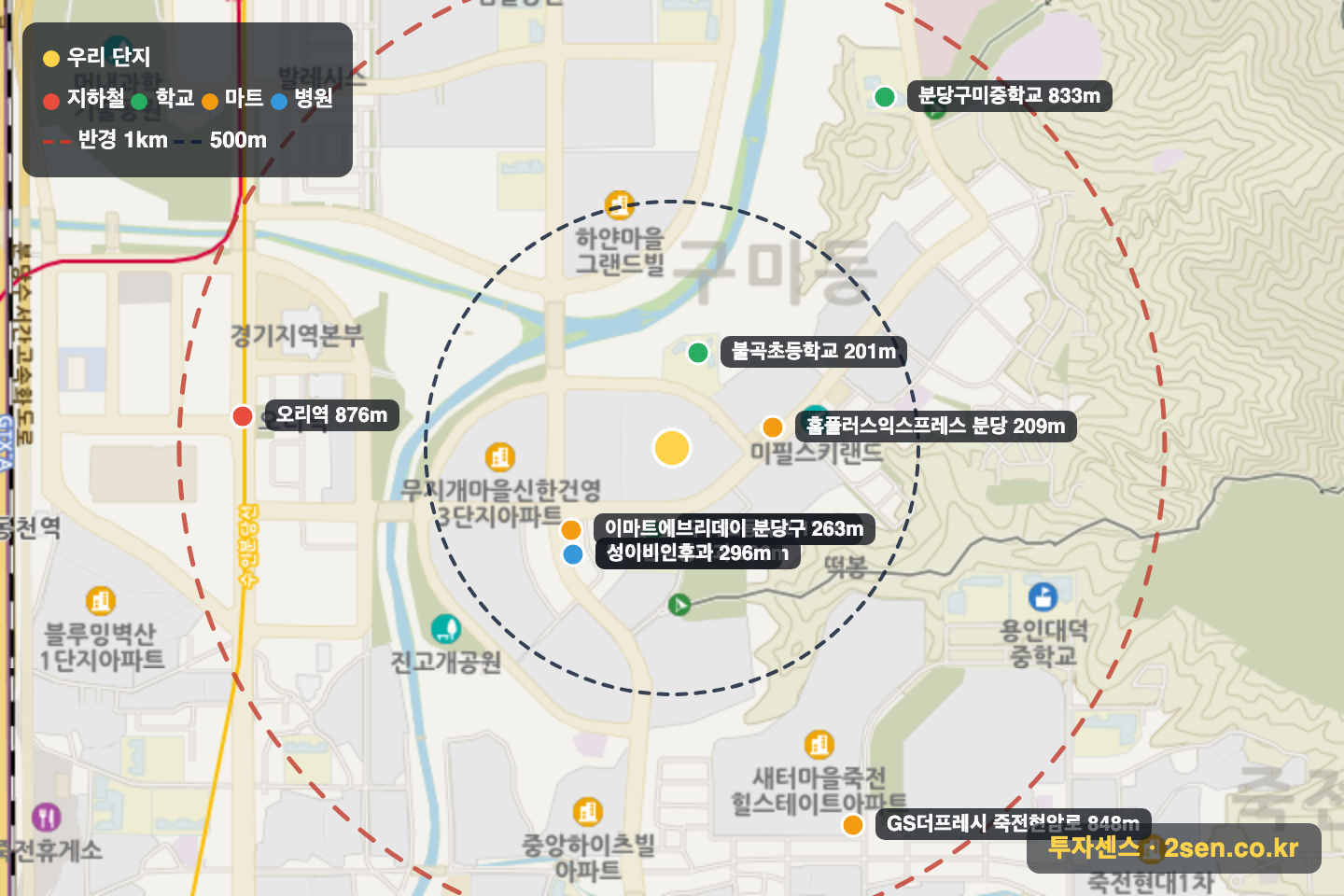 무지개(5단지)(청구) 반경 1km 입지 지도(지하철·학교·마트)