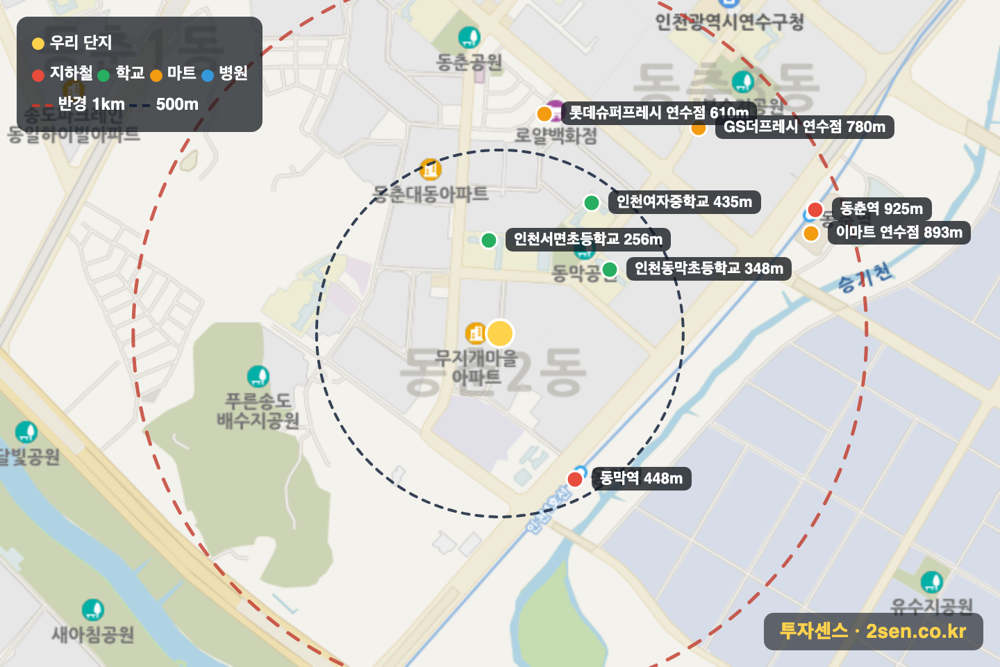무지개마을 반경 1km 입지 지도(지하철·학교·마트)