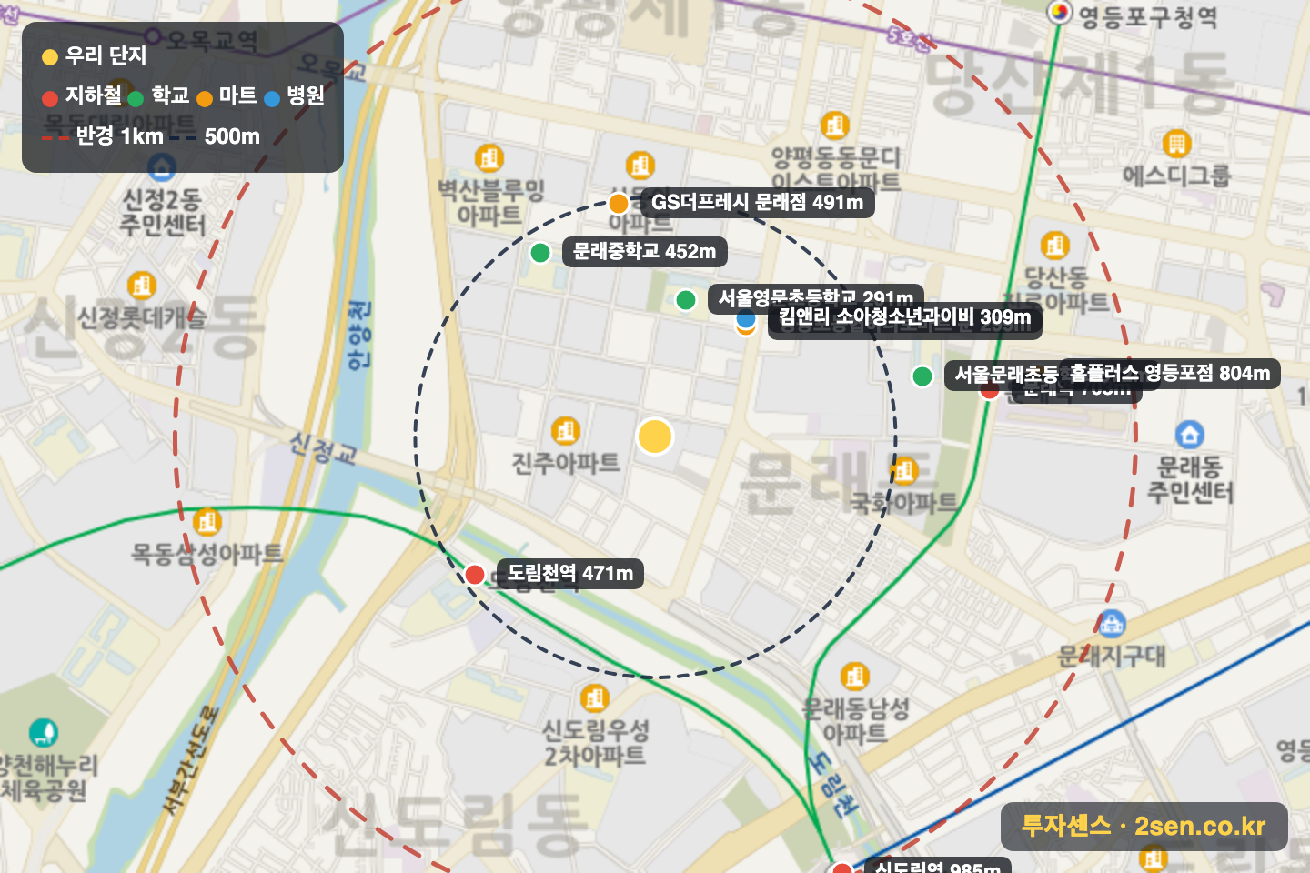 문래모아미래도 반경 1km 입지 지도(지하철·학교·마트)