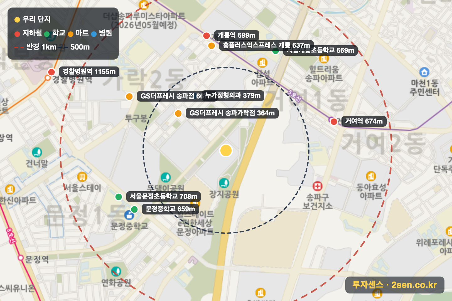 문정시영 반경 1km 입지 지도(지하철·학교·마트)