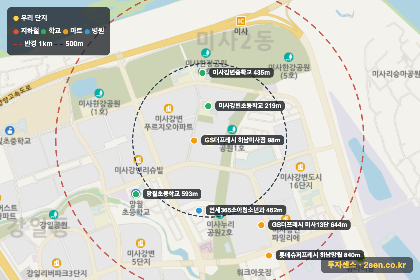 미사강변더샵리버포레 반경 1km 입지 지도(지하철·학교·마트)