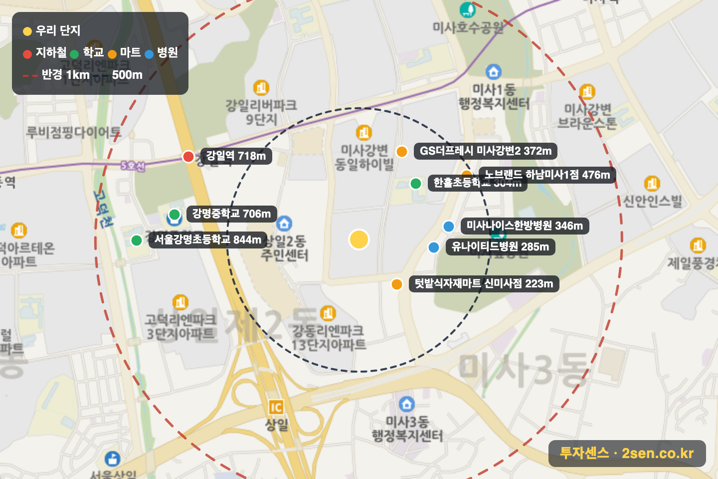 미사강변동원로얄듀크 반경 1km 입지 지도(지하철·학교·마트)