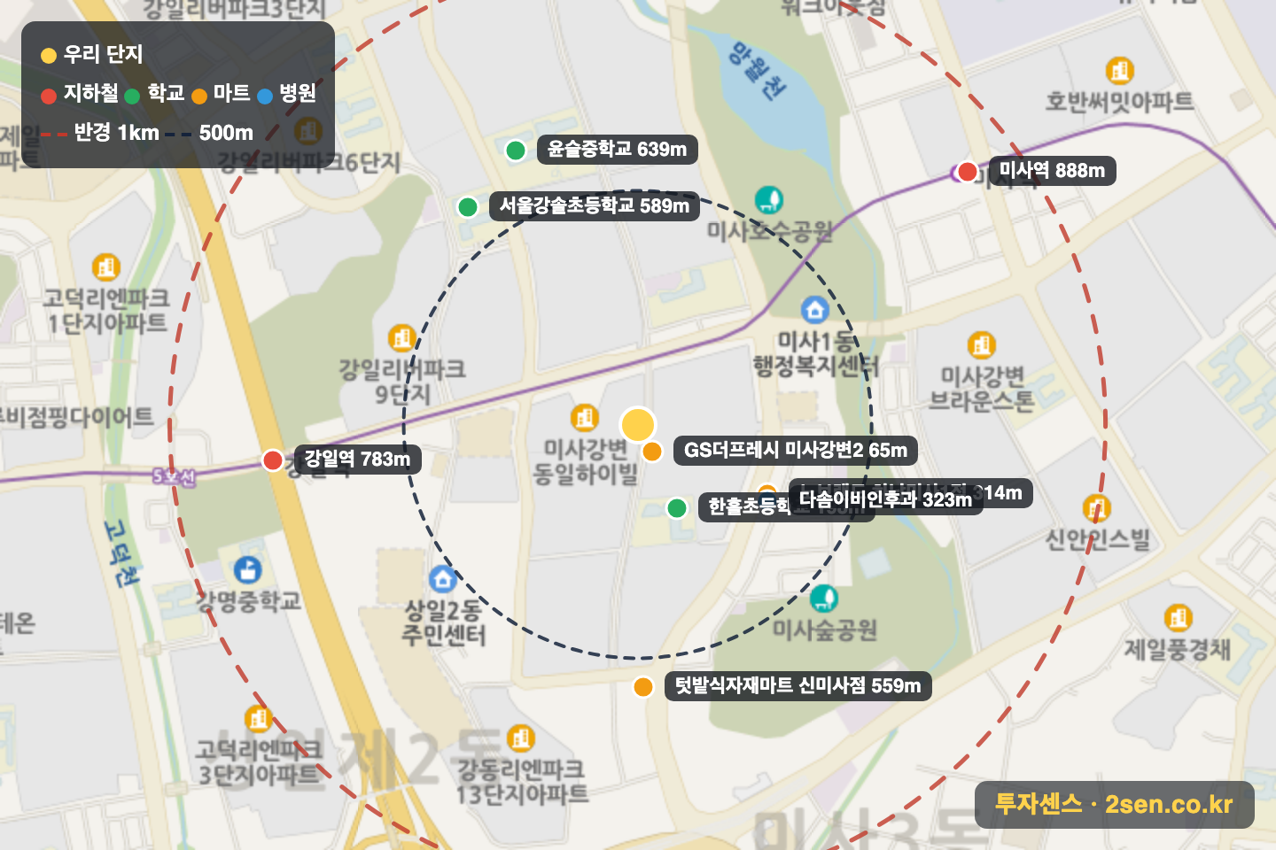미사강변동일하이빌 반경 1km 입지 지도(지하철·학교·마트)