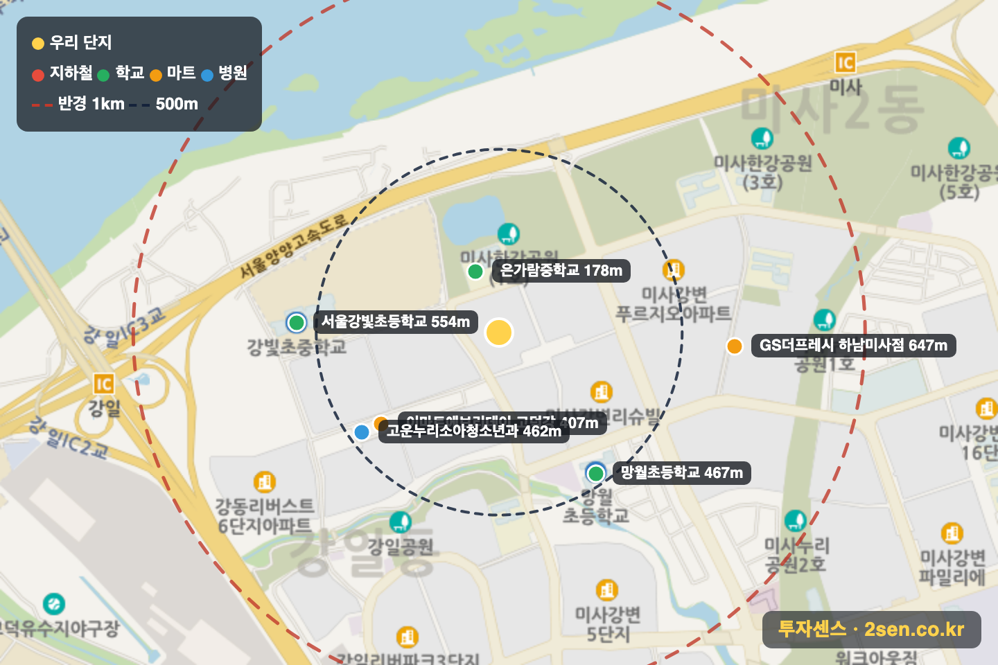 미사강변리버뷰자이 반경 1km 입지 지도(지하철·학교·마트)
