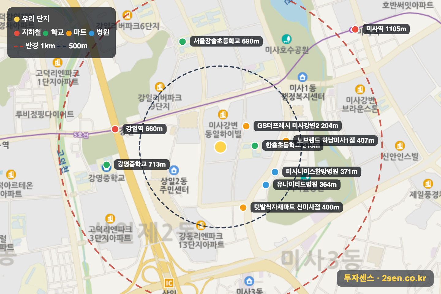 미사강변센트럴풍경채 반경 1km 입지 지도(지하철·학교·마트)