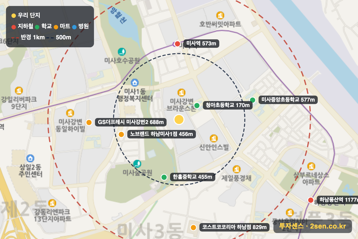 미사강변아란티움 반경 1km 입지 지도(지하철·학교·마트)