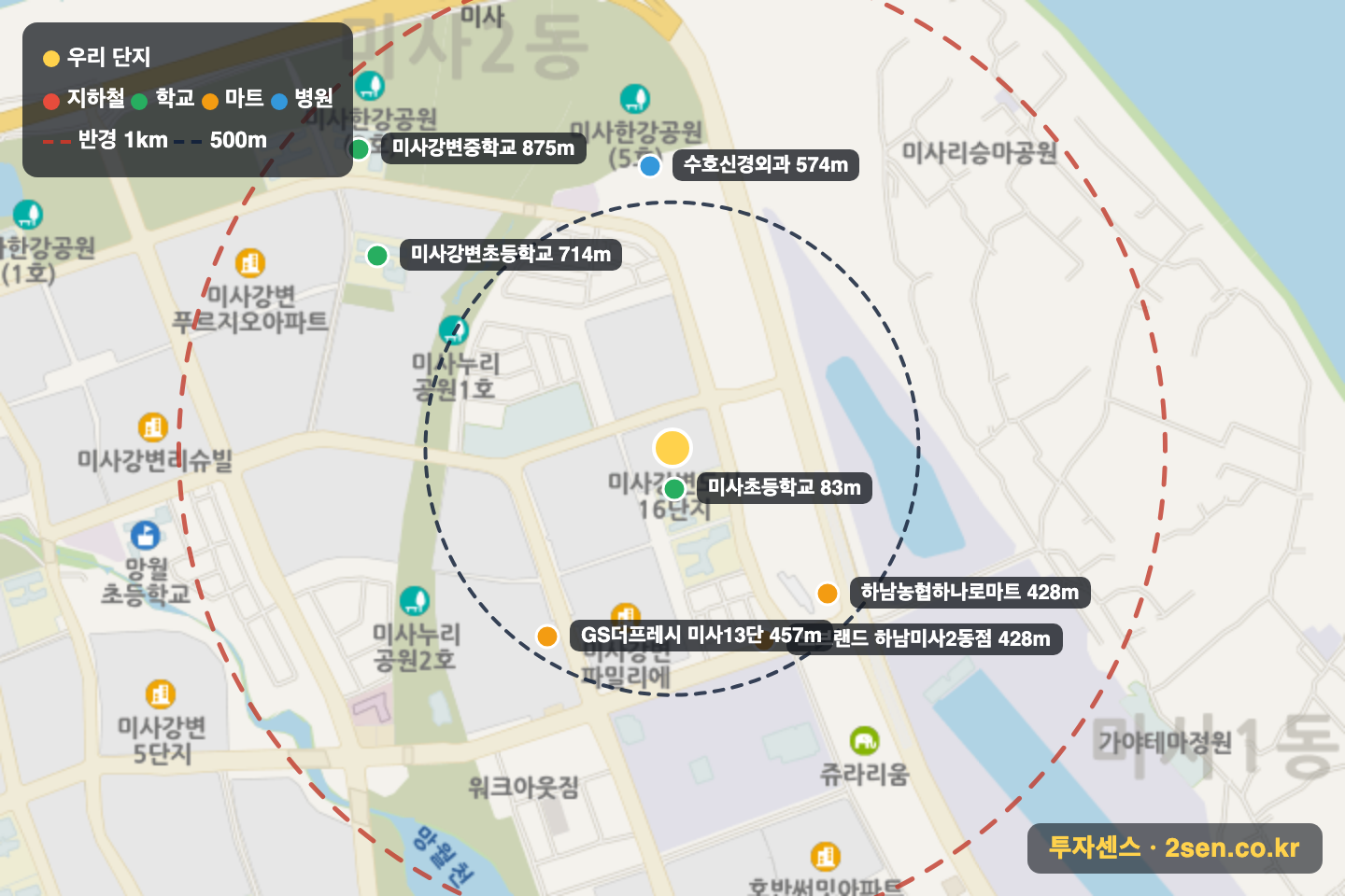 미사강변트래지안 반경 1km 입지 지도(지하철·학교·마트)
