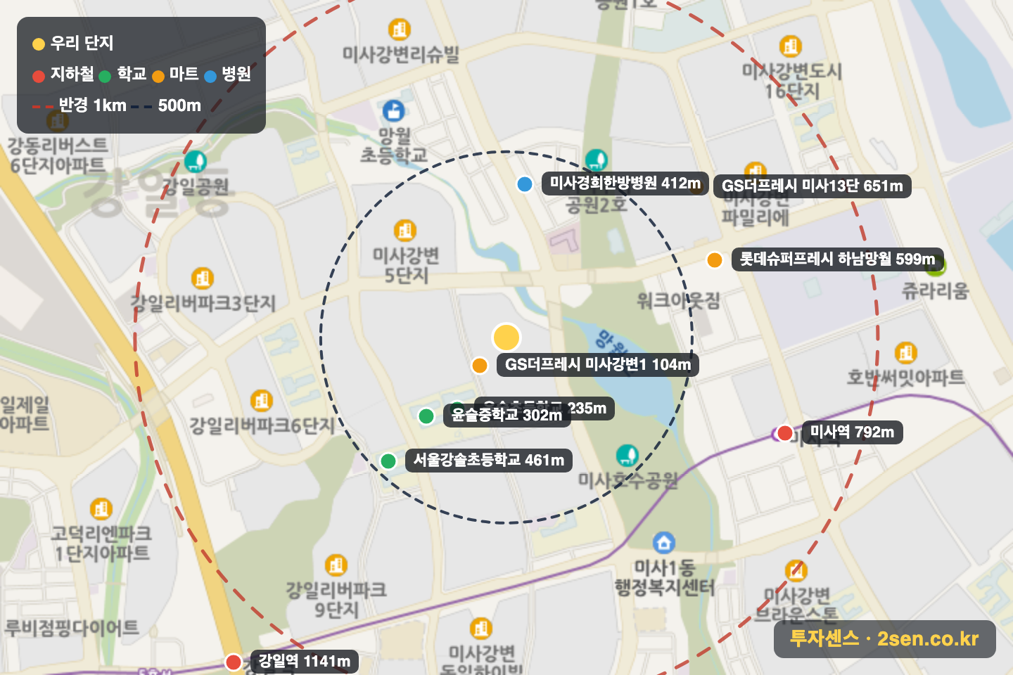 미사강변푸르지오 반경 1km 입지 지도(지하철·학교·마트)