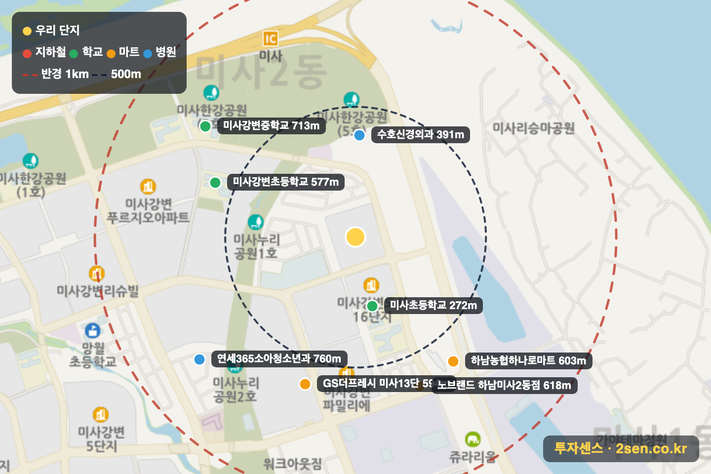 미사강변한신휴플러스 반경 1km 입지 지도(지하철·학교·마트)