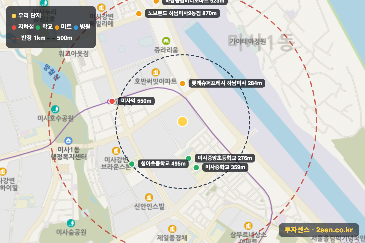 미사강변효성해링턴플레이스엔에이치에프 반경 1km 입지 지도(지하철·학교·마트)