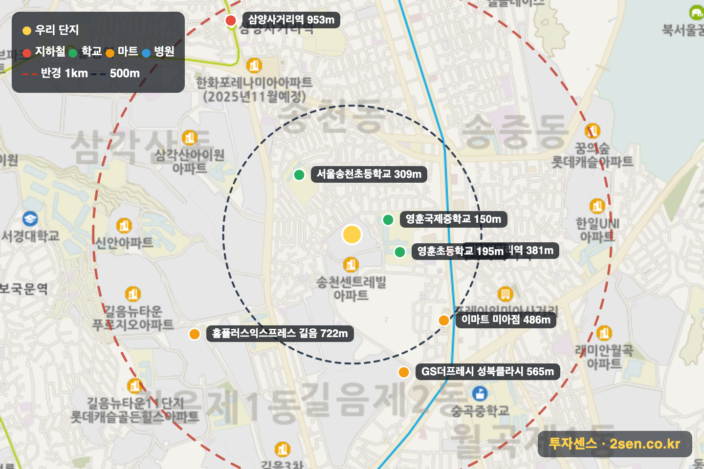 미아동부센트레빌 반경 1km 입지 지도(지하철·학교·마트)