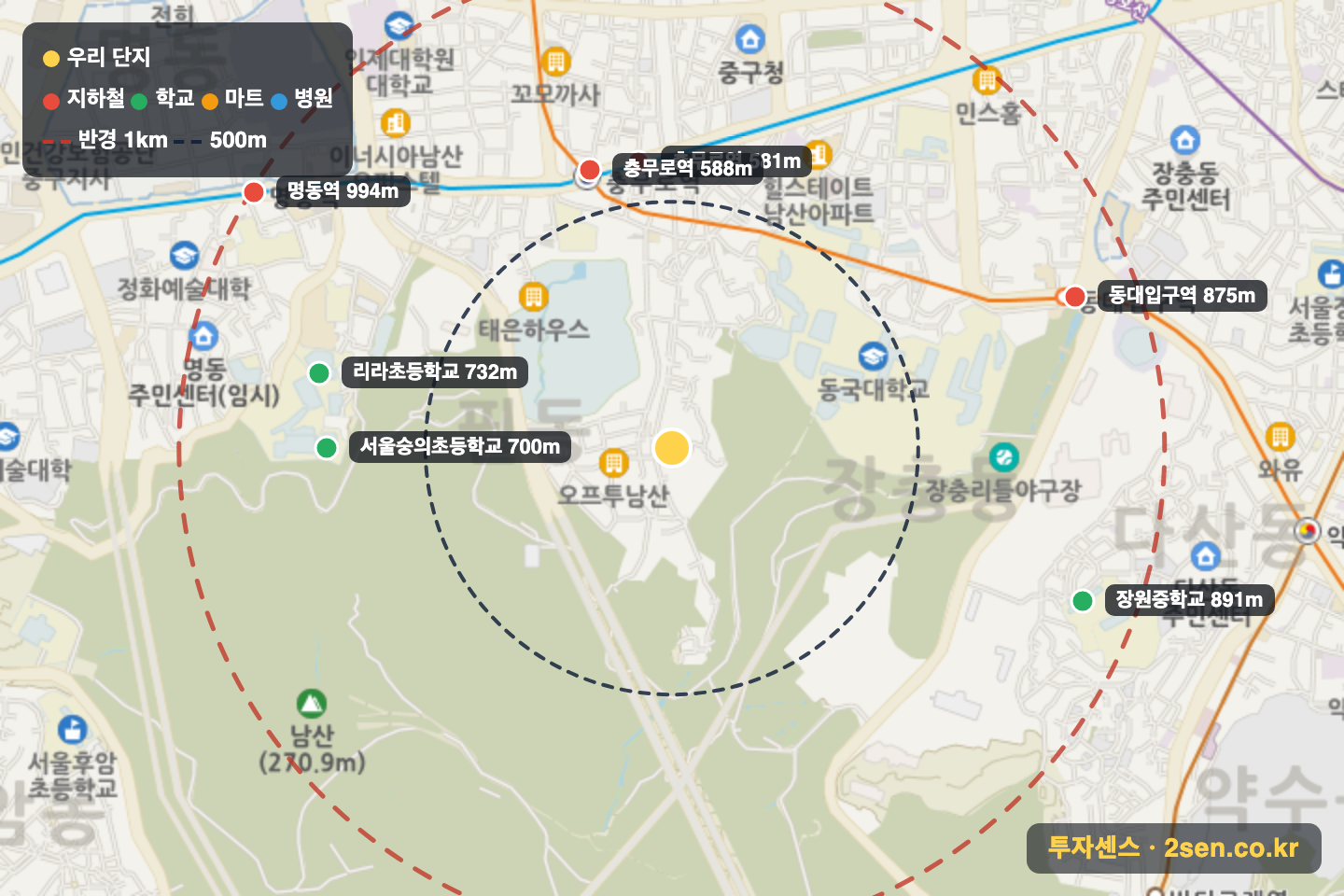 미주 반경 1km 입지 지도(지하철·학교·마트)