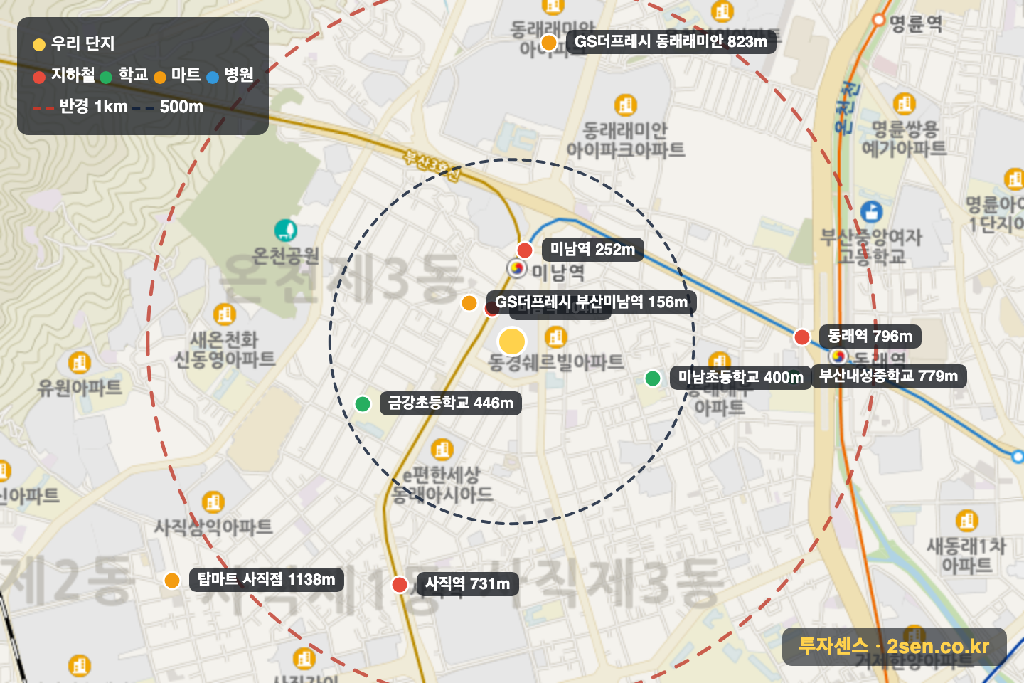 반도보라스카이뷰 반경 1km 입지 지도(지하철·학교·마트)