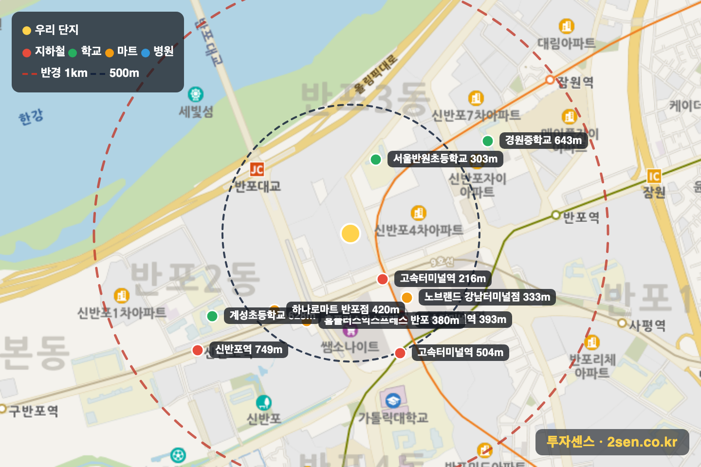 반포르엘 반경 1km 입지 지도(지하철·학교·마트)