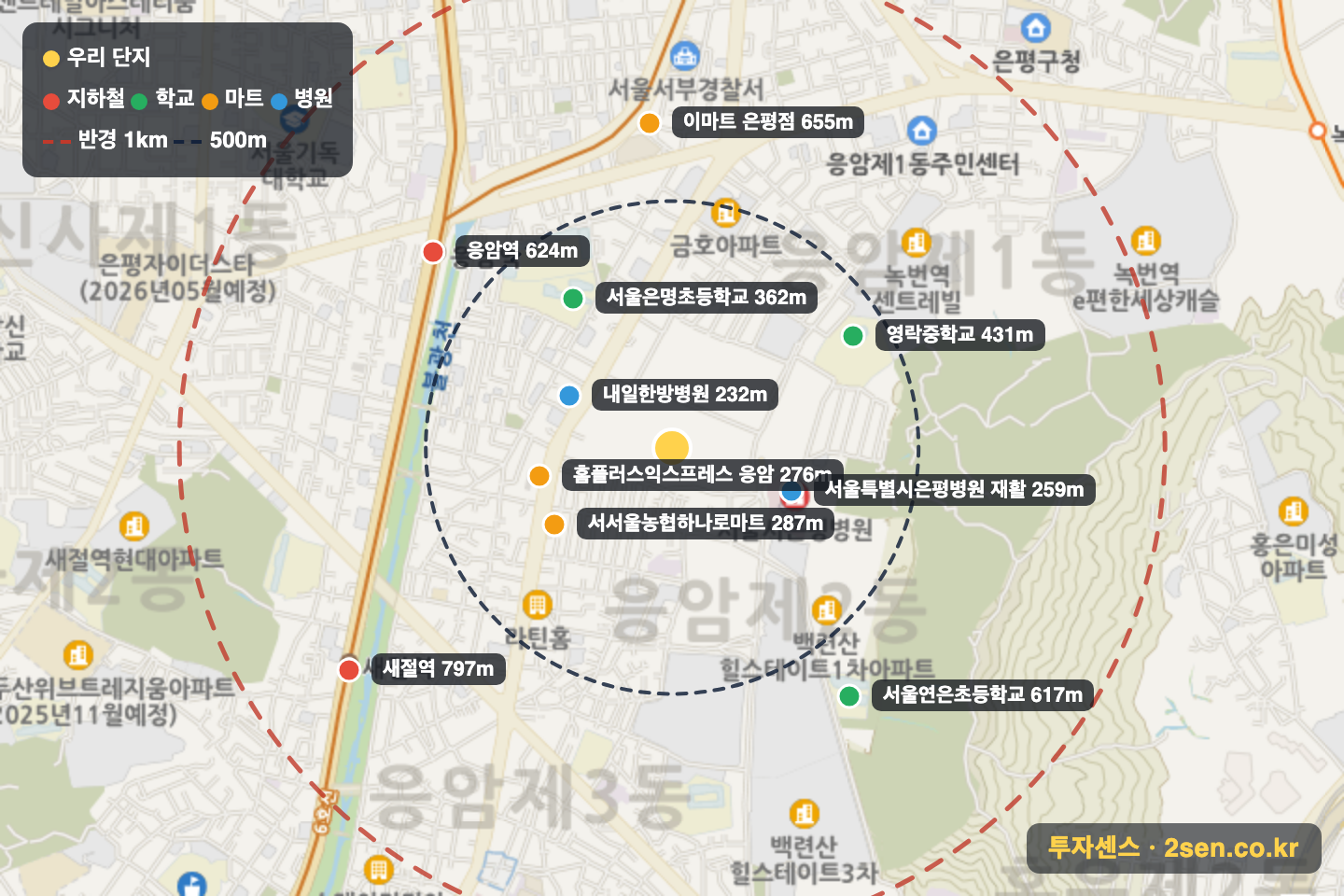 백련산에스케이뷰아이파크 반경 1km 입지 지도(지하철·학교·마트)