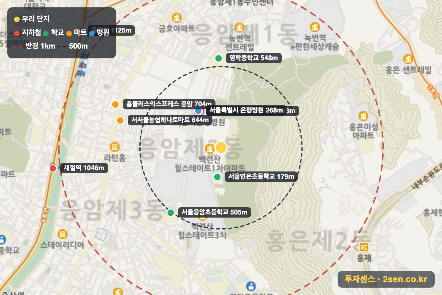 백련산힐스테이트1차 반경 1km 입지 지도(지하철·학교·마트)