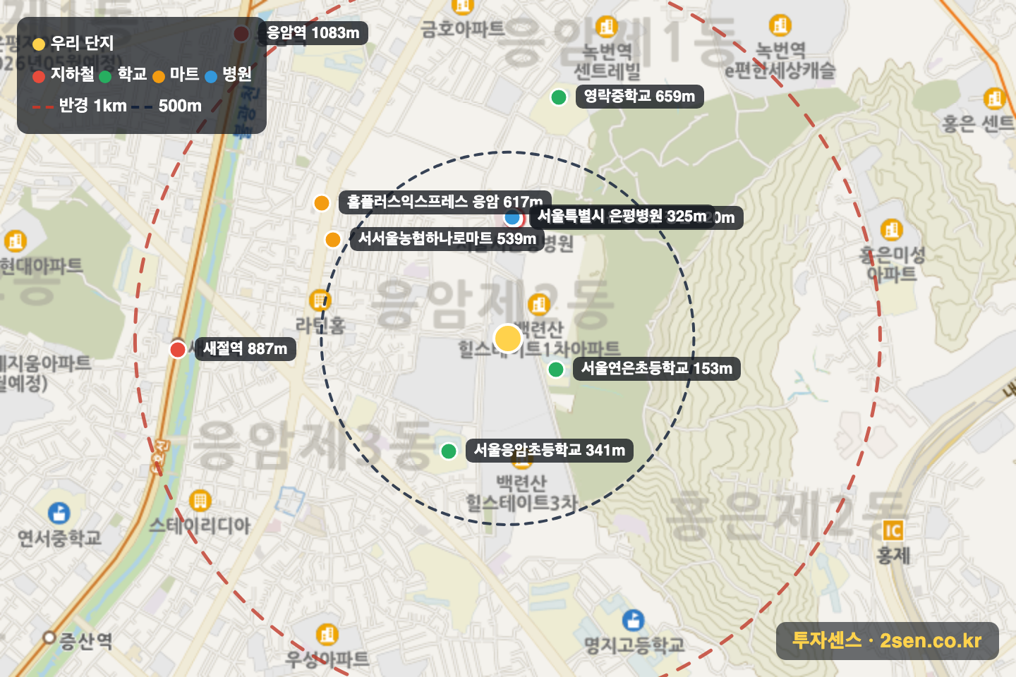 백련산힐스테이트2차 반경 1km 입지 지도(지하철·학교·마트)