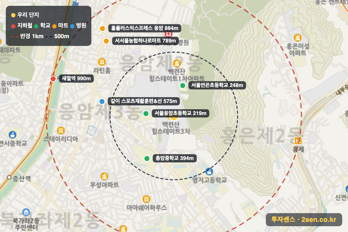 백련산힐스테이트3차 반경 1km 입지 지도(지하철·학교·마트)
